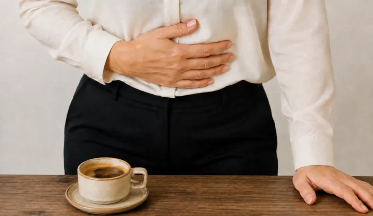 Persona con una tazza di caffè e la mano sullo stomaco