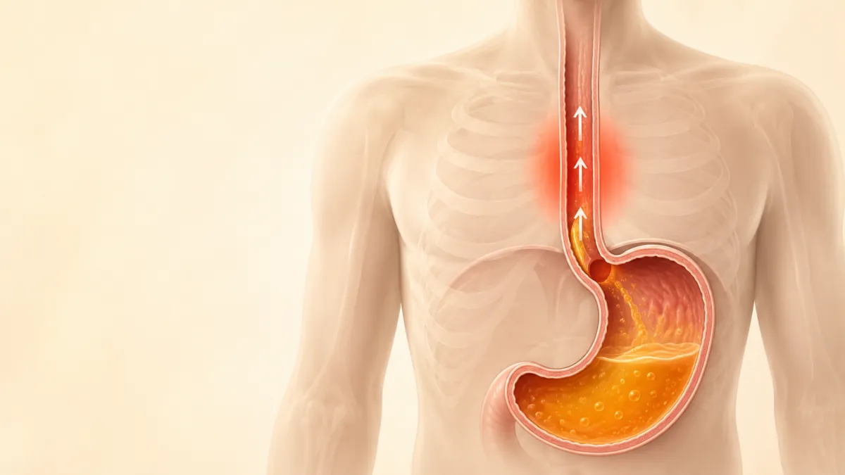 Illustrazione del reflusso acido con i succhi gastrici che risalgono dallo stomaco all'esofago